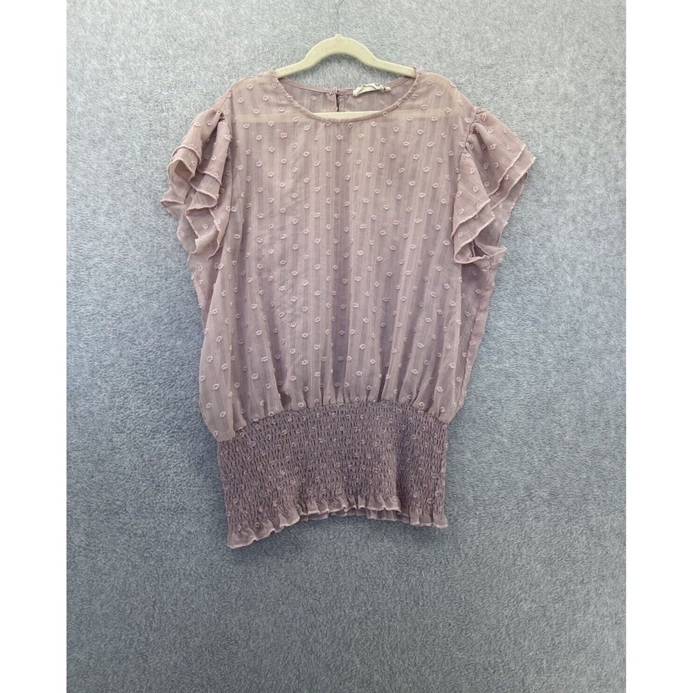 Everleigh Women's Blouse Textured Mauve Smocked Hem Size Large Ruffle